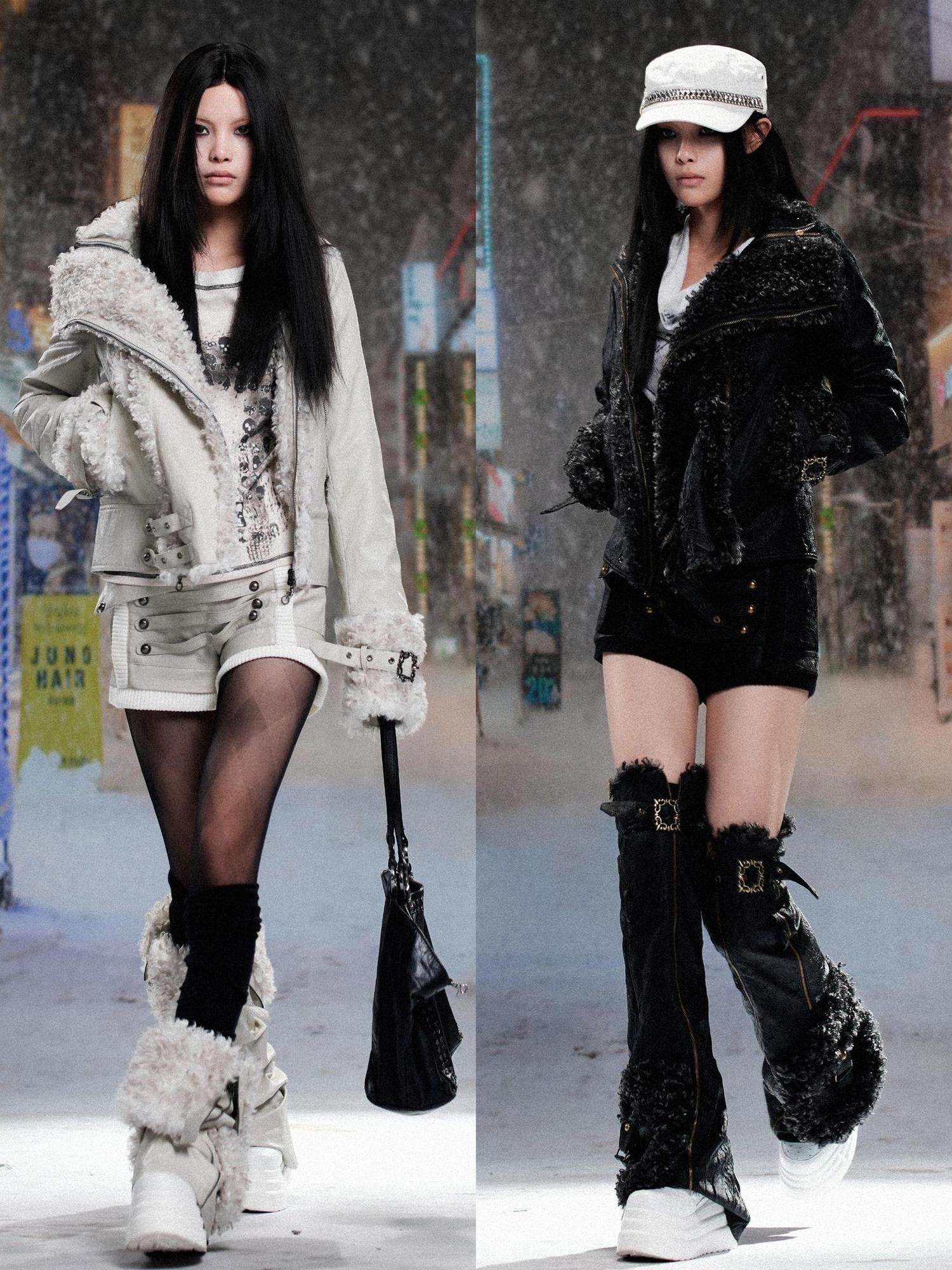 ARIADNAw Vintage Punk Double Zip Leather Jacket With Wool Lining For Women