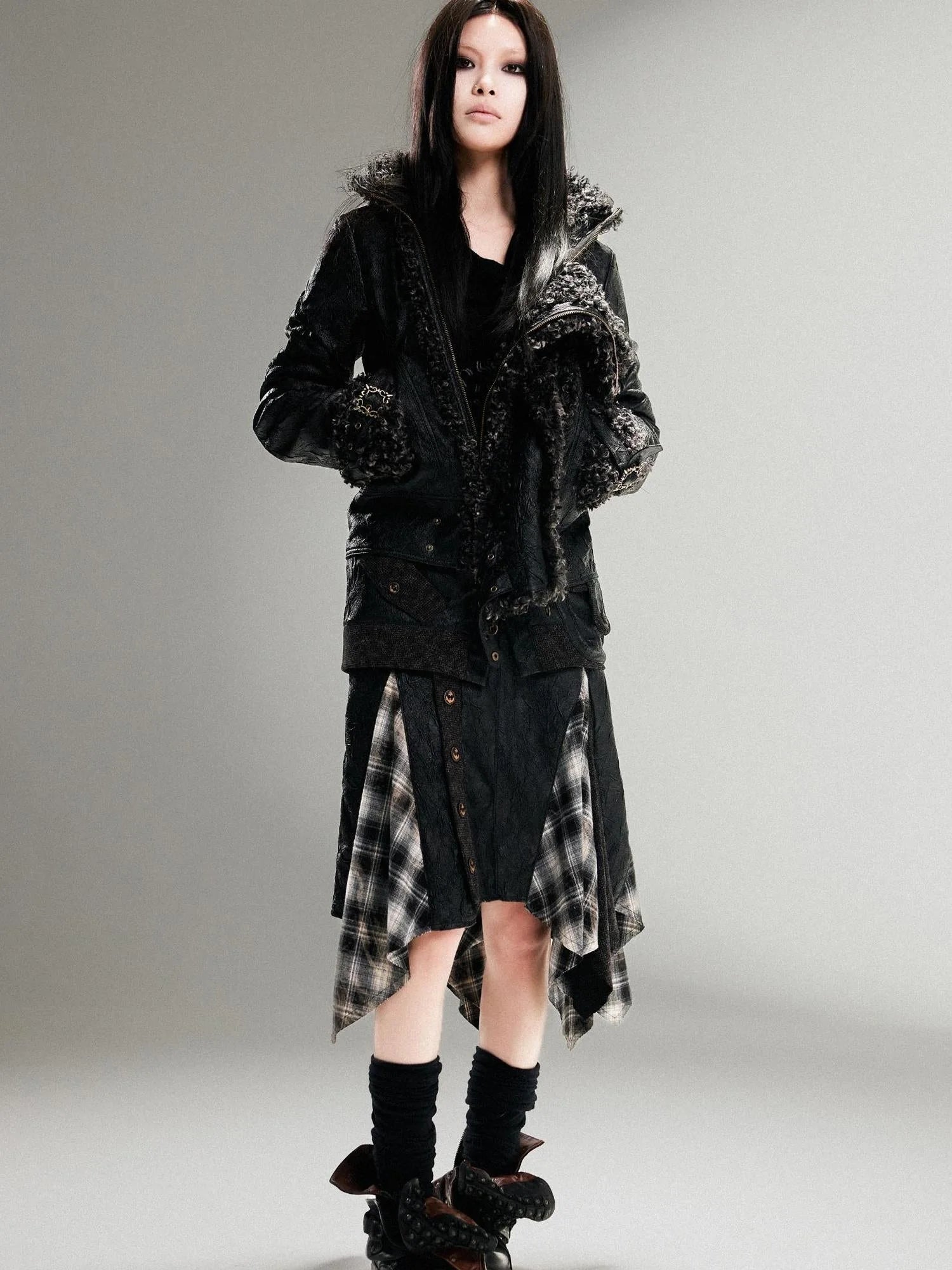 Vintage Punk Double Zip Leather Jacket With Wool Lining For Women