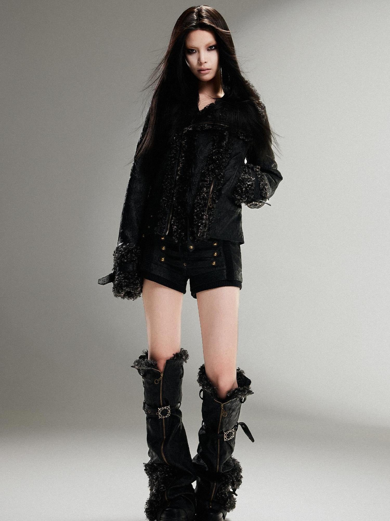 ARIADNAw Vintage Punk Double Zip Leather Jacket With Wool Lining For Women