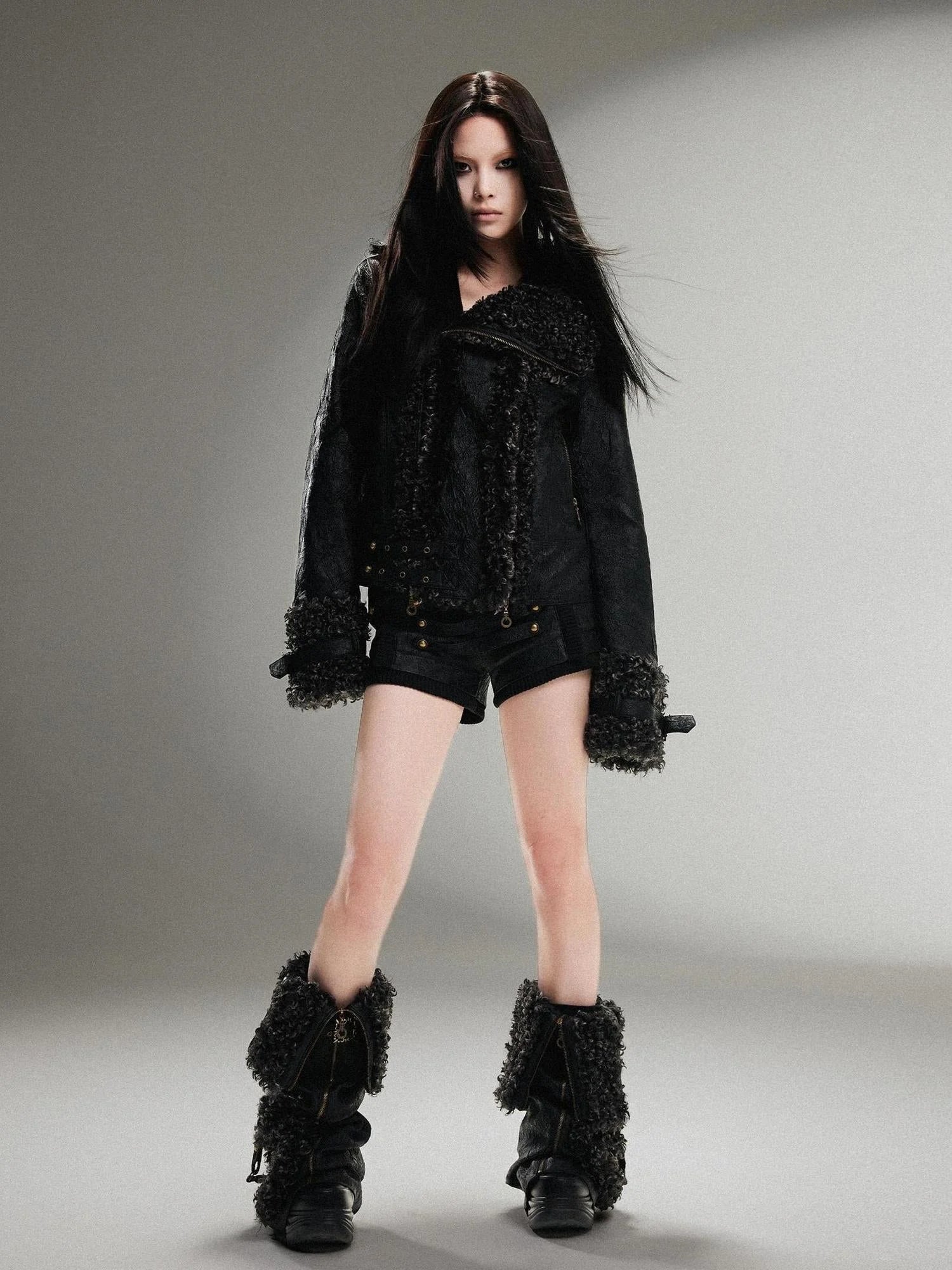 Vintage Punk Double Zip Leather Jacket With Wool Lining For Women