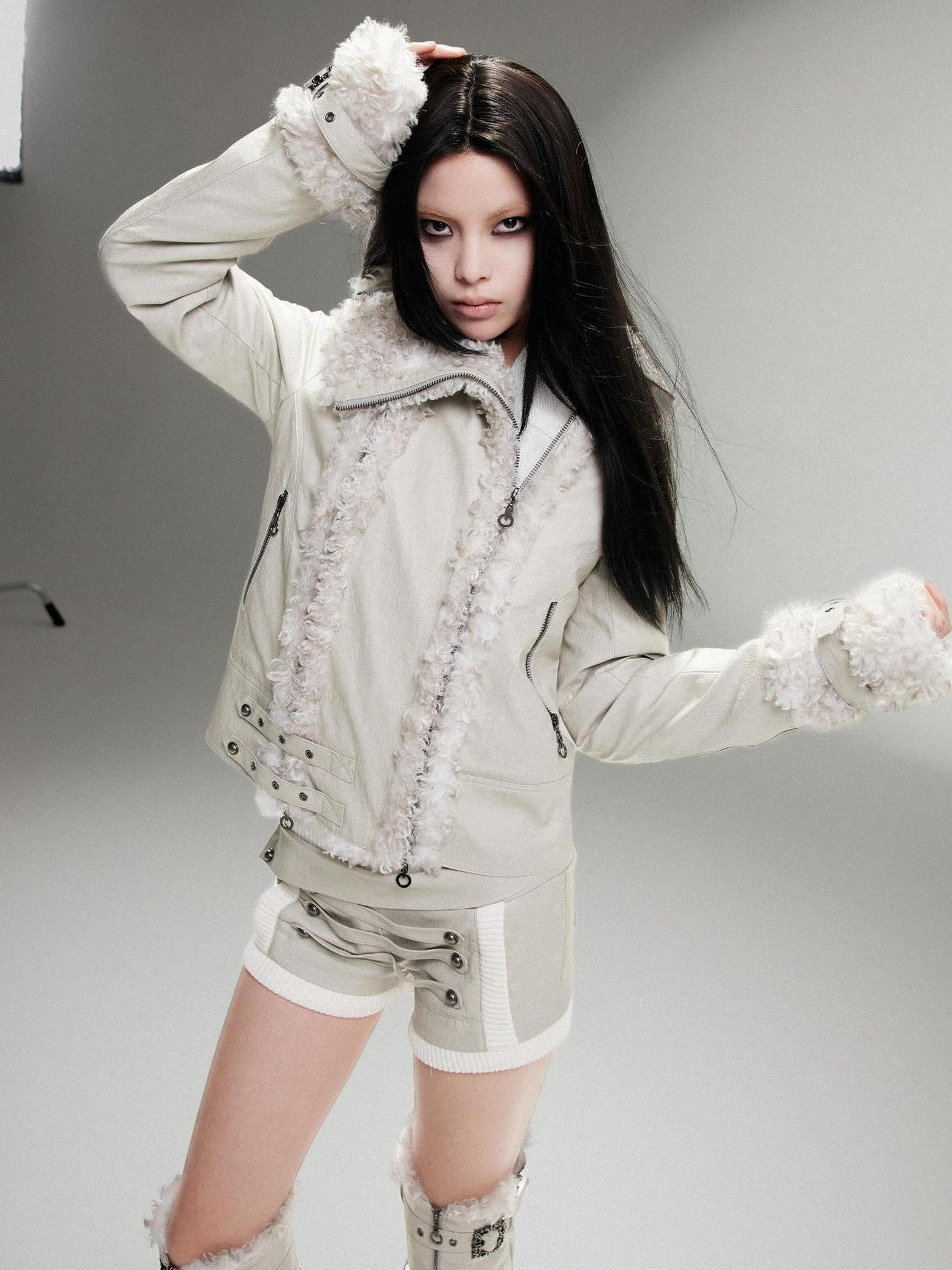 ARIADNAw Vintage Punk Double Zip Leather Jacket With Wool Lining For Women