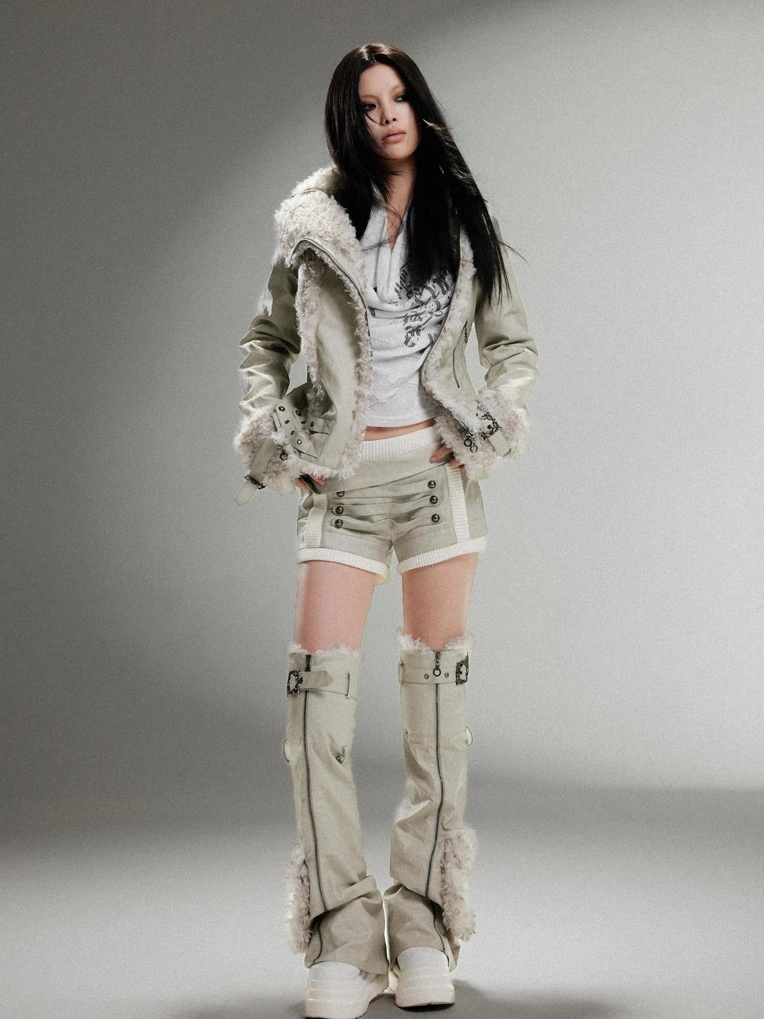 Vintage Punk Double Zip Leather Jacket With Wool Lining For Women