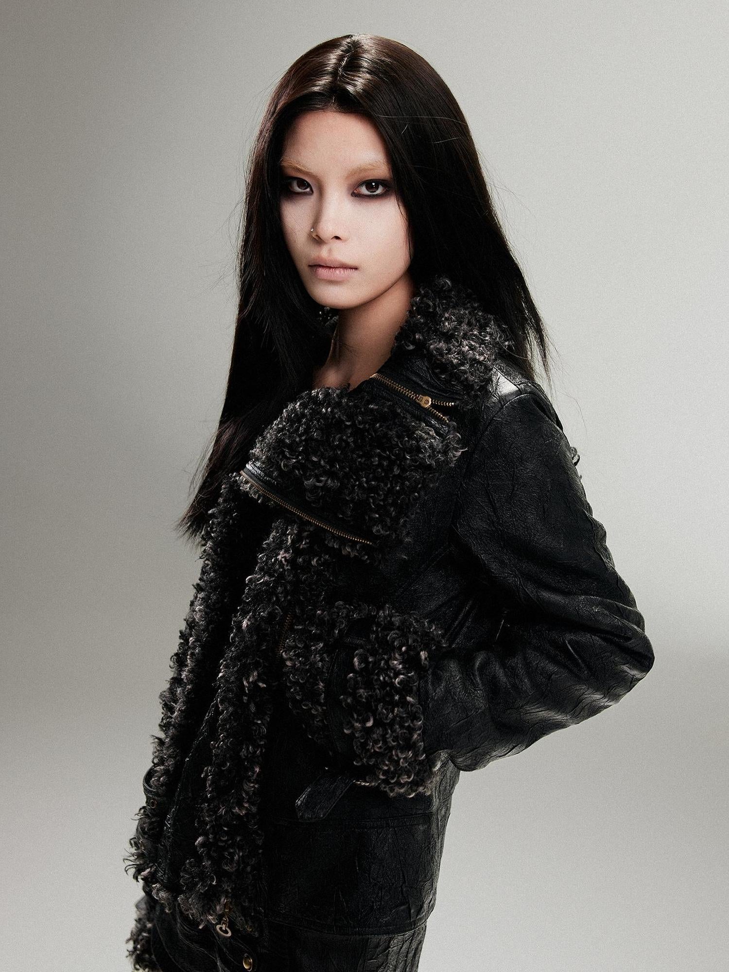 ARIADNAw Vintage Punk Double Zip Leather Jacket With Wool Lining For Women
