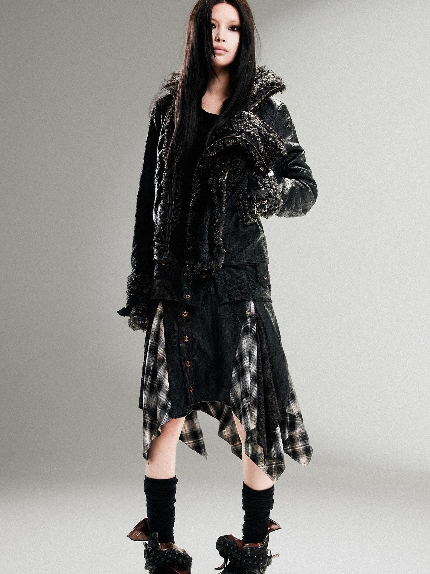 ARIADNAw Vintage Punk Double Zip Leather Jacket With Wool Lining For Women
