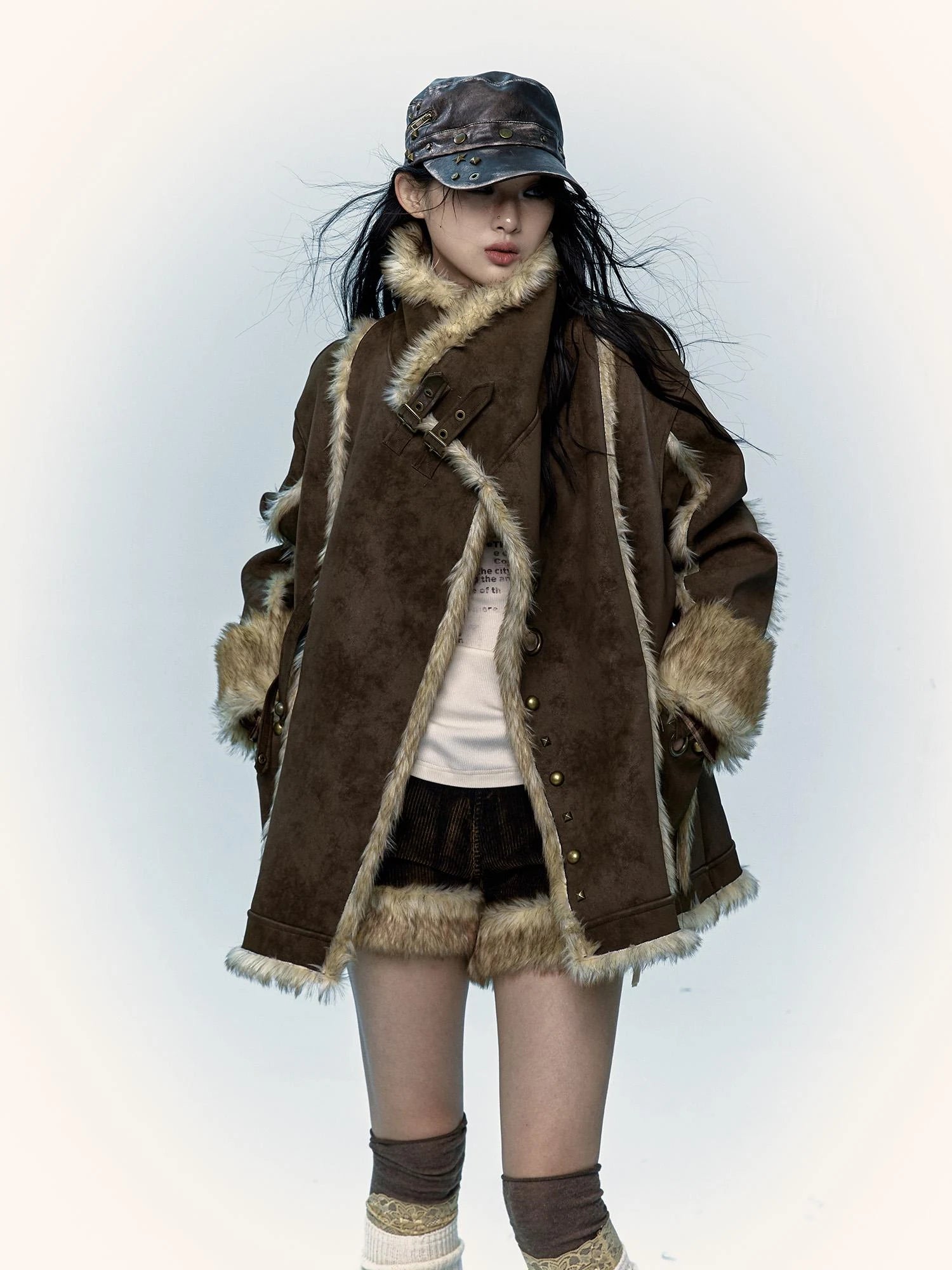 Vintage Punk Faux Fur Coat Women Oversized Eco Jacket Outerwear