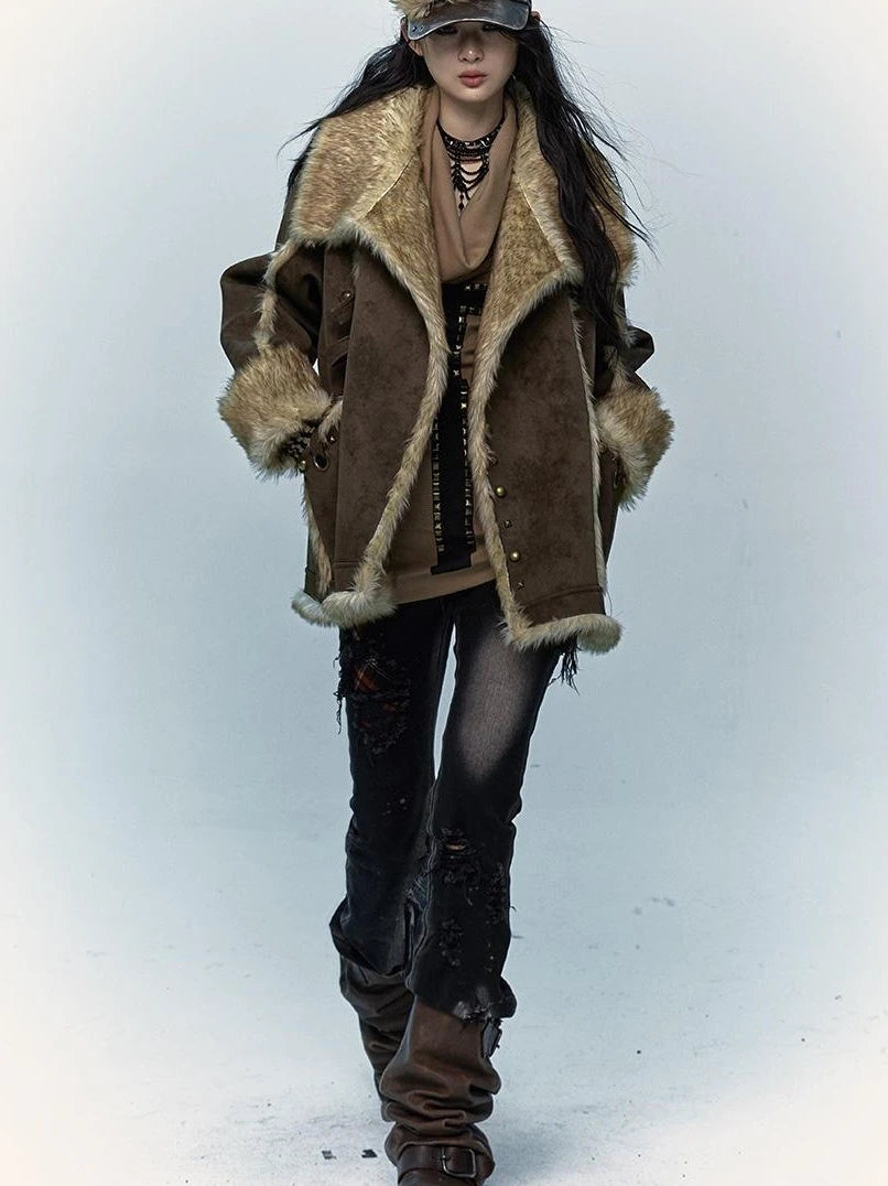 Vintage Punk Faux Fur Coat Women Oversized Eco Jacket Outerwear