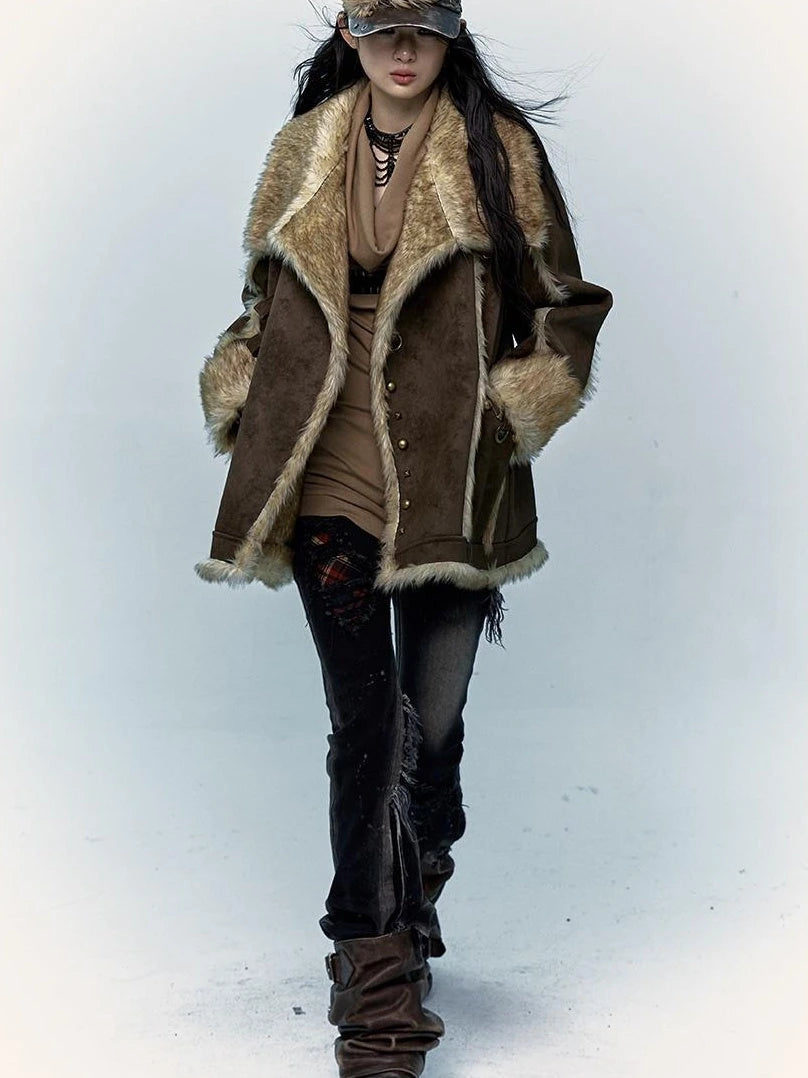 Vintage Punk Faux Fur Coat Women Oversized Eco Jacket Outerwear