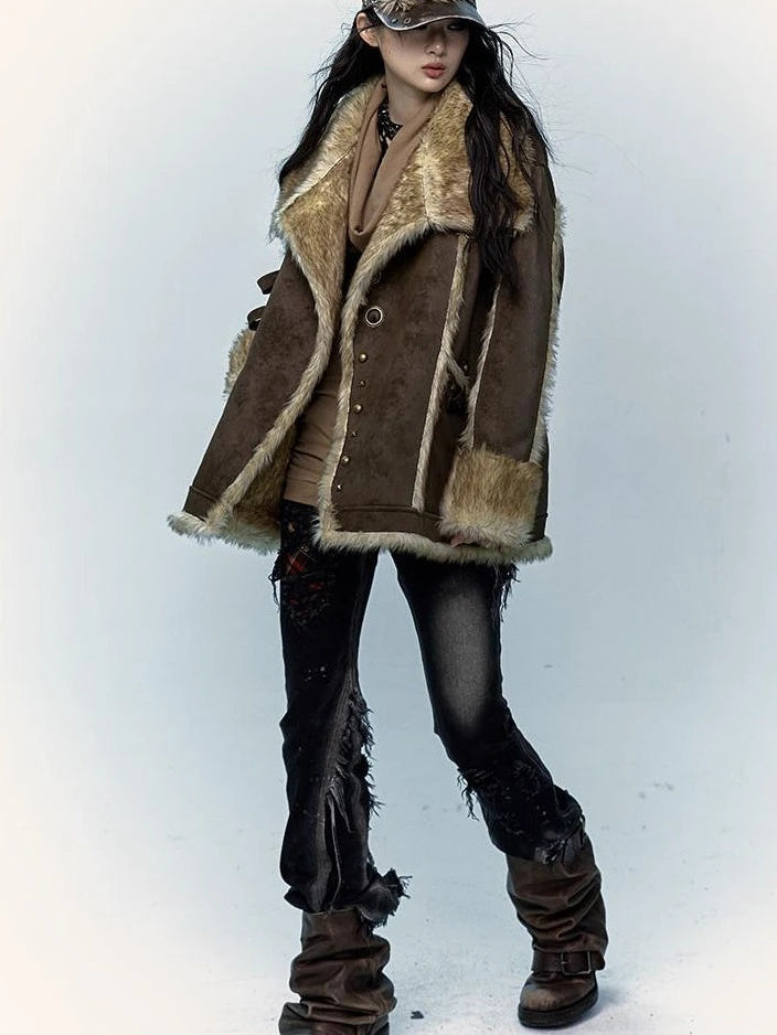 Vintage Punk Faux Fur Coat Women Oversized Eco Jacket Outerwear