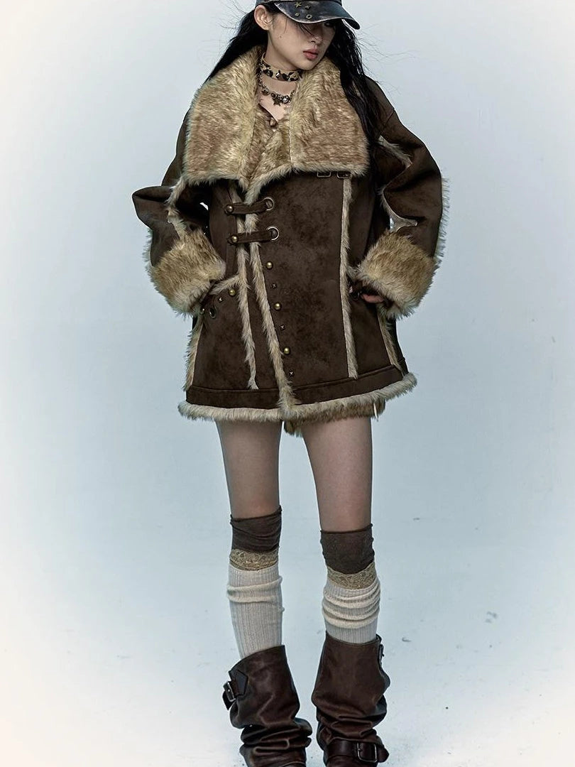 Vintage Punk Faux Fur Coat Women Oversized Eco Jacket Outerwear