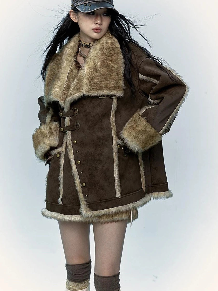Vintage Punk Faux Fur Coat Women Oversized Eco Jacket Outerwear