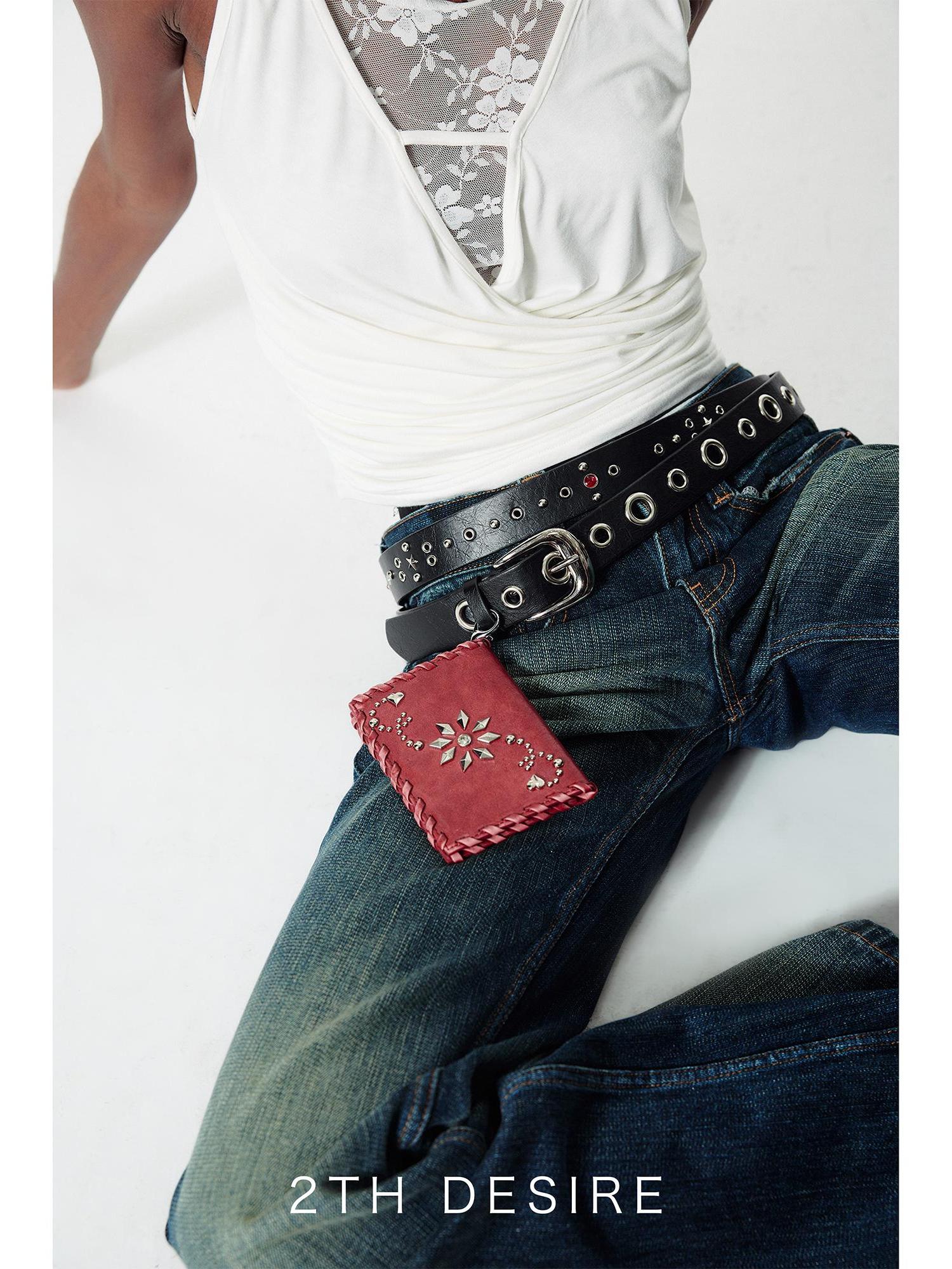 2th Desire Vintage Punk Heart Flower Studded Zipper Wallet Cardholder