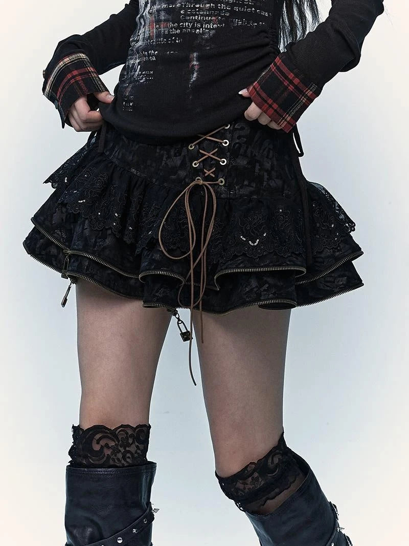 Vintage Punk Lace-Up Suede Mini A-Line Skirt Dresses