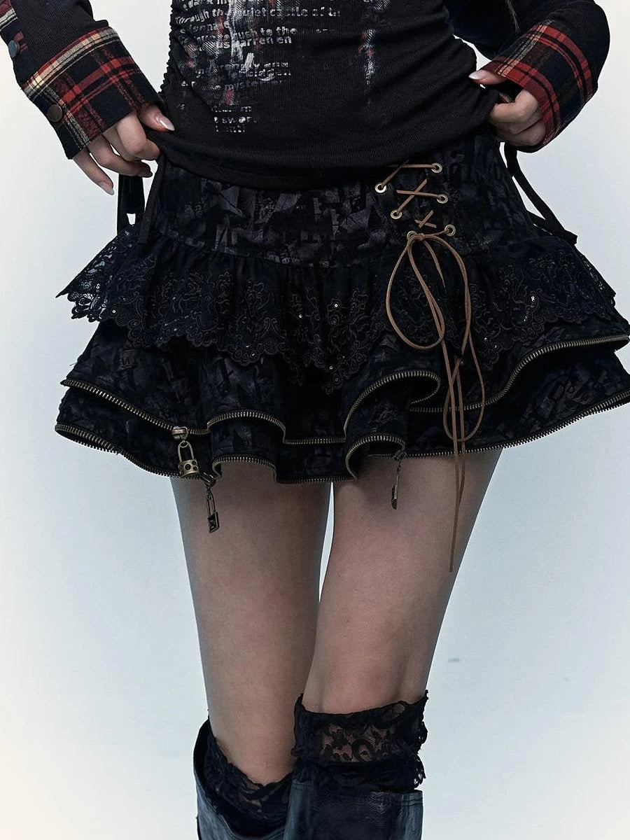 Vintage Punk Lace-Up Suede Mini A-Line Skirt Dresses