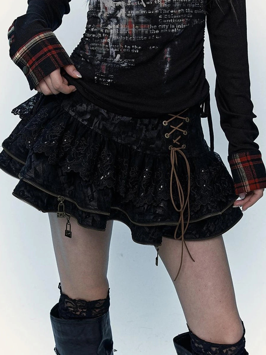 Vintage Punk Lace-Up Suede Mini A-Line Skirt Dresses