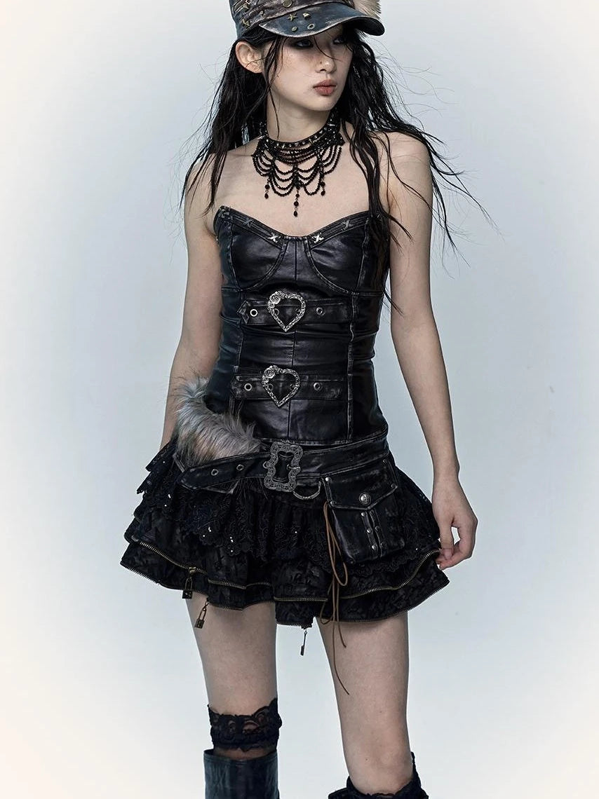 Vintage Punk Lace-Up Suede Mini A-Line Skirt Dresses