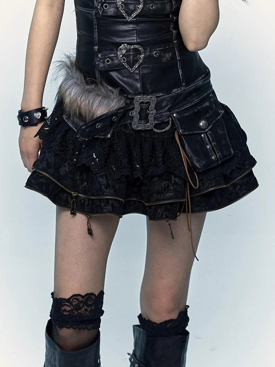 Vintage Punk Lace-Up Suede Mini A-Line Skirt Dresses