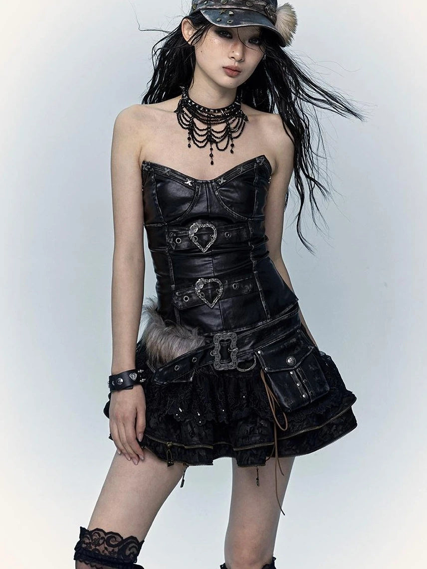 Vintage Punk Lace-Up Suede Mini A-Line Skirt Dresses