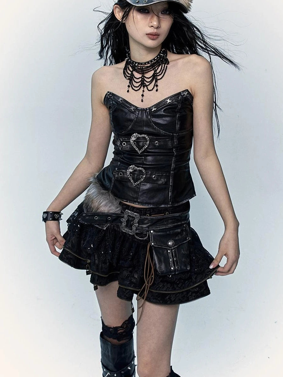 Vintage Punk Lace-Up Suede Mini A-Line Skirt Dresses