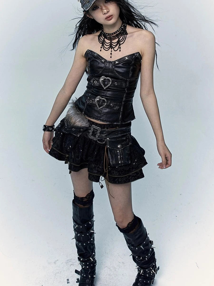 Vintage Punk Lace-Up Suede Mini A-Line Skirt Dresses