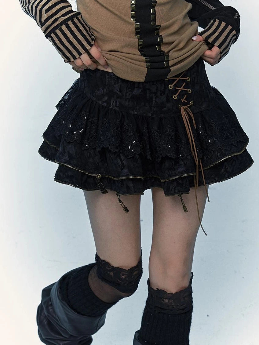 Vintage Punk Lace-Up Suede Mini A-Line Skirt Dresses