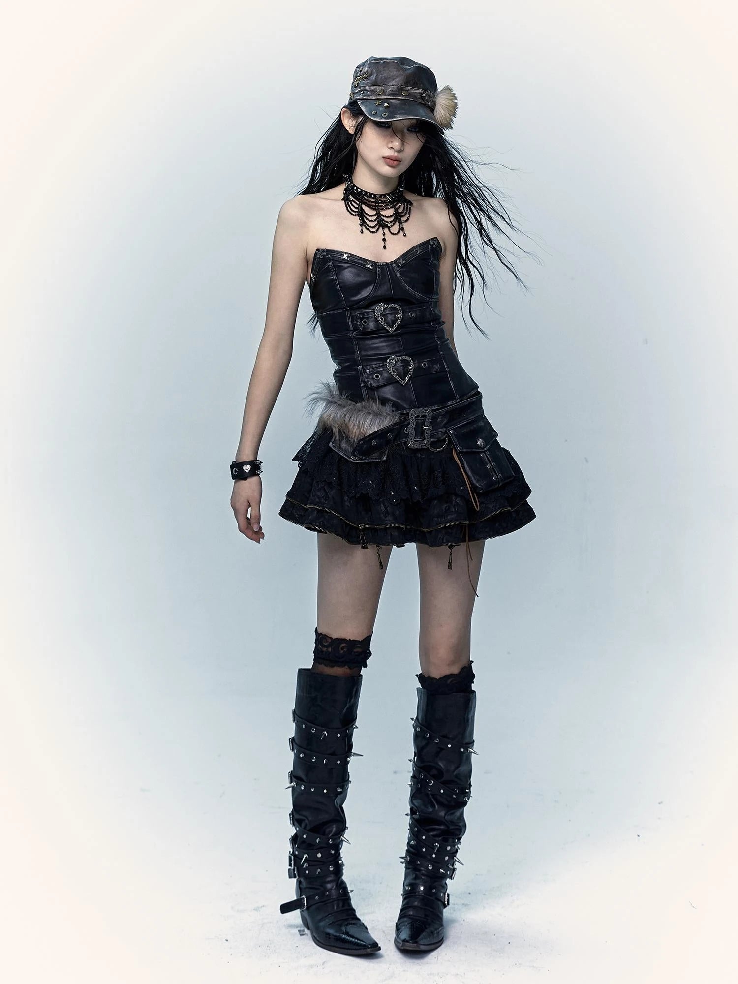 Vintage Punk Lace-Up Suede Mini A-Line Skirt Dresses