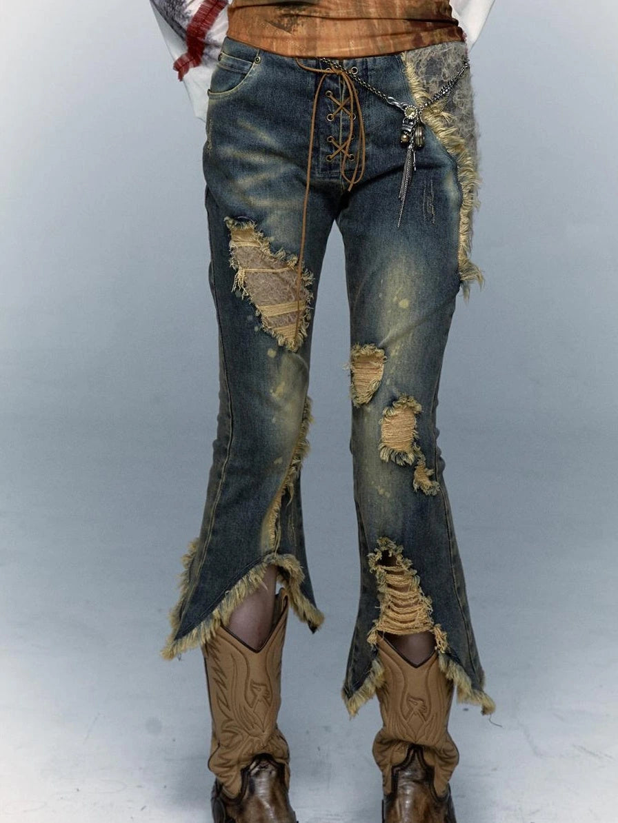 Vintage Punk Lace Distressed Washed Skinny Flared Capri Pants