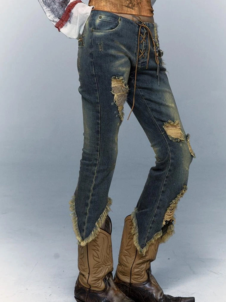 Vintage Punk Lace Distressed Washed Skinny Flared Capri Pants