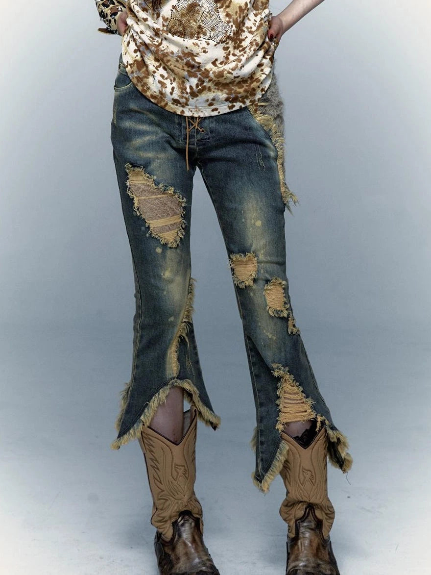 Vintage Punk Lace Distressed Washed Skinny Flared Capri Pants