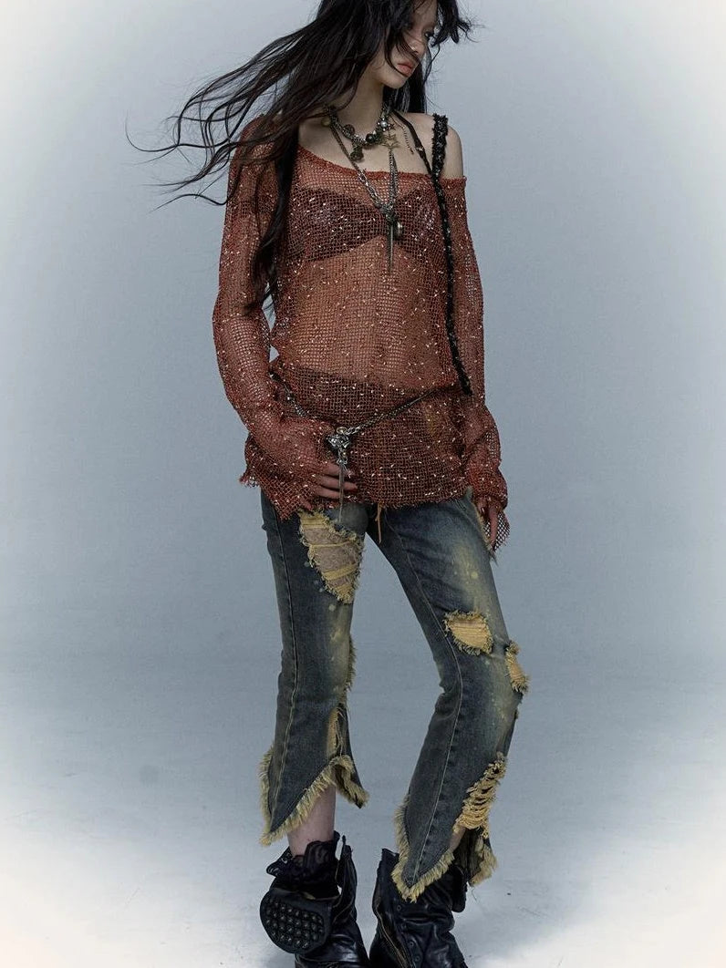 Vintage Punk Lace Distressed Washed Skinny Flared Capri Pants