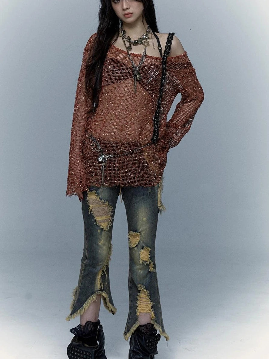 Vintage Punk Lace Distressed Washed Skinny Flared Capri Pants