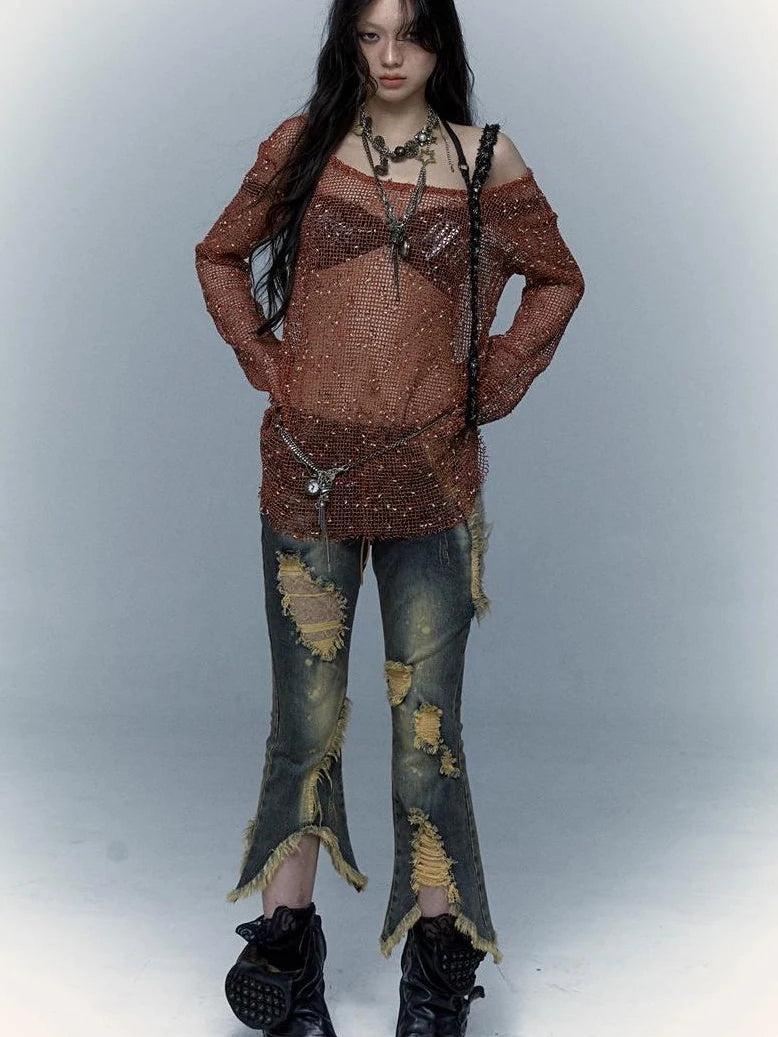 Vintage Punk Lace Distressed Washed Skinny Flared Capri Pants