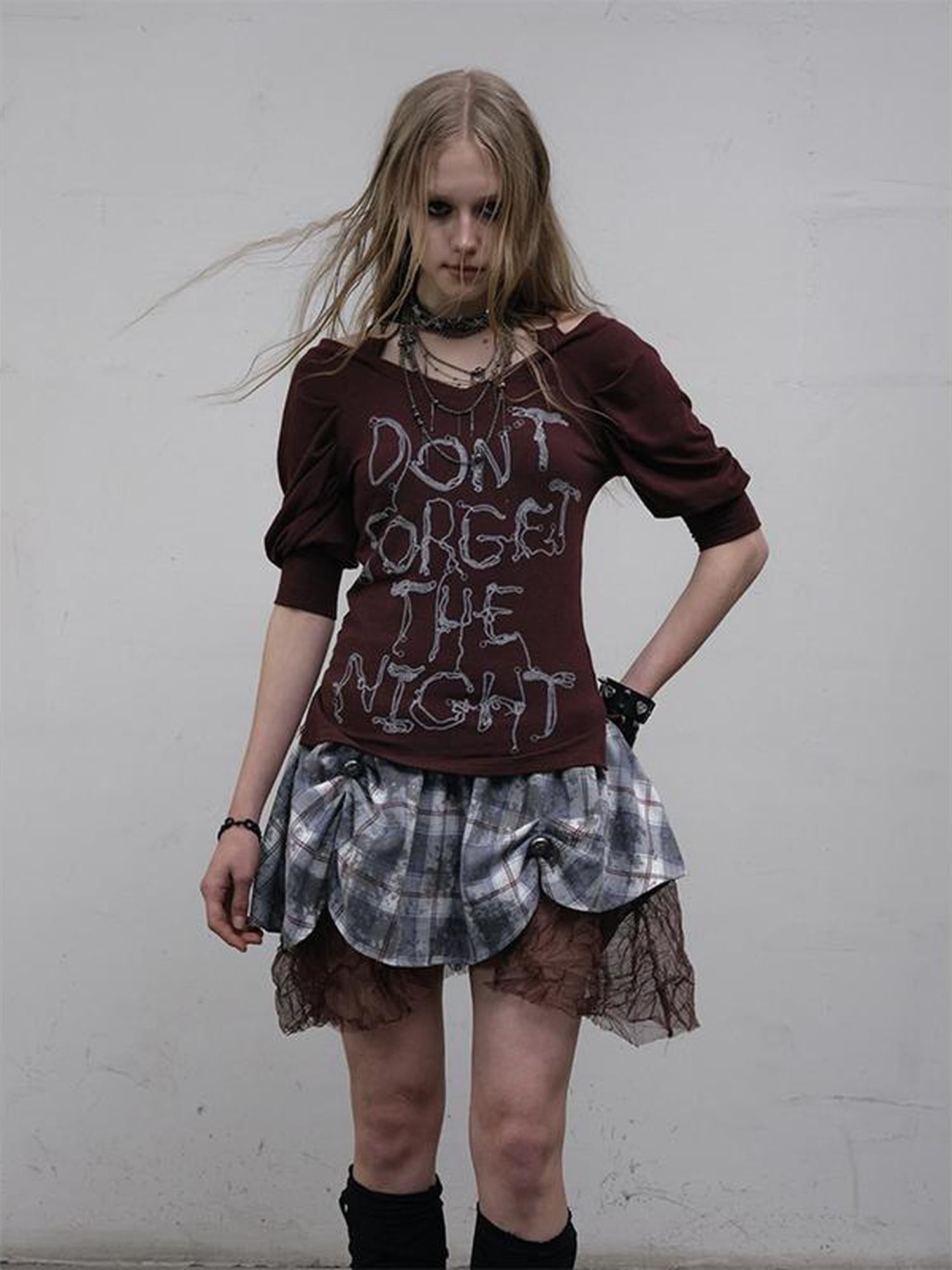 NO ROMANCE Vintage Punk Off-Shoulder Puff Sleeve Stretch Knit T-Shirt