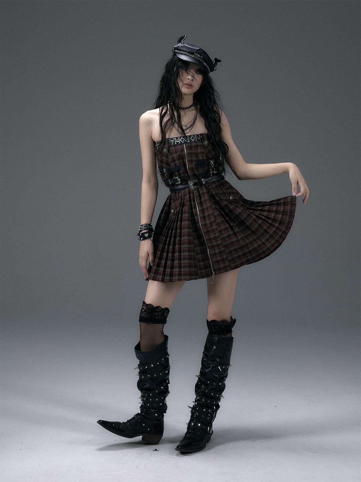 Vintage Punk Plaid A-Line Pleated Mini Skirt Dress