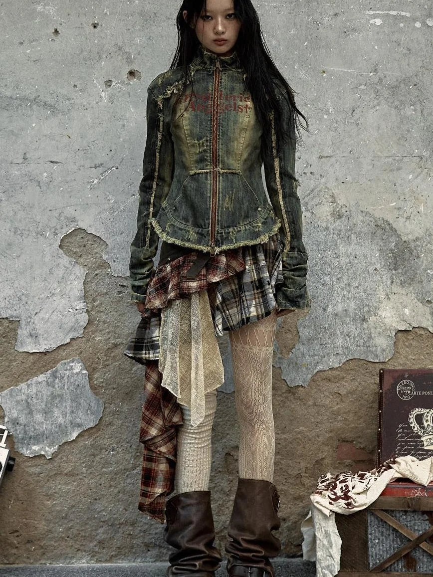 Vintage Punk Plaid Asymmetrical Skirt Women Street Style