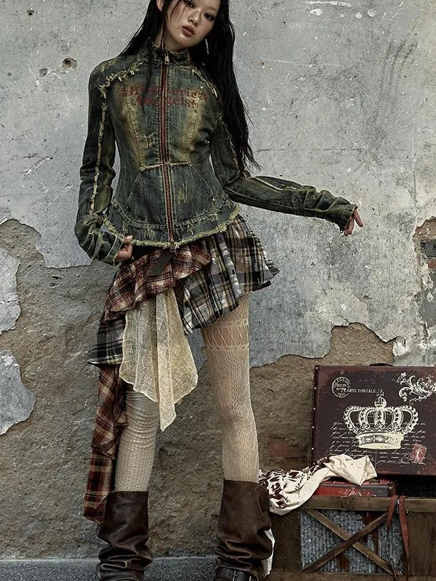 Vintage Punk Plaid Asymmetrical Skirt Women Street Style
