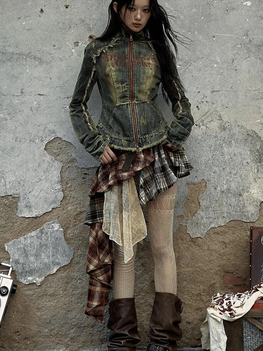 Vintage Punk Plaid Asymmetrical Skirt Women Street Style
