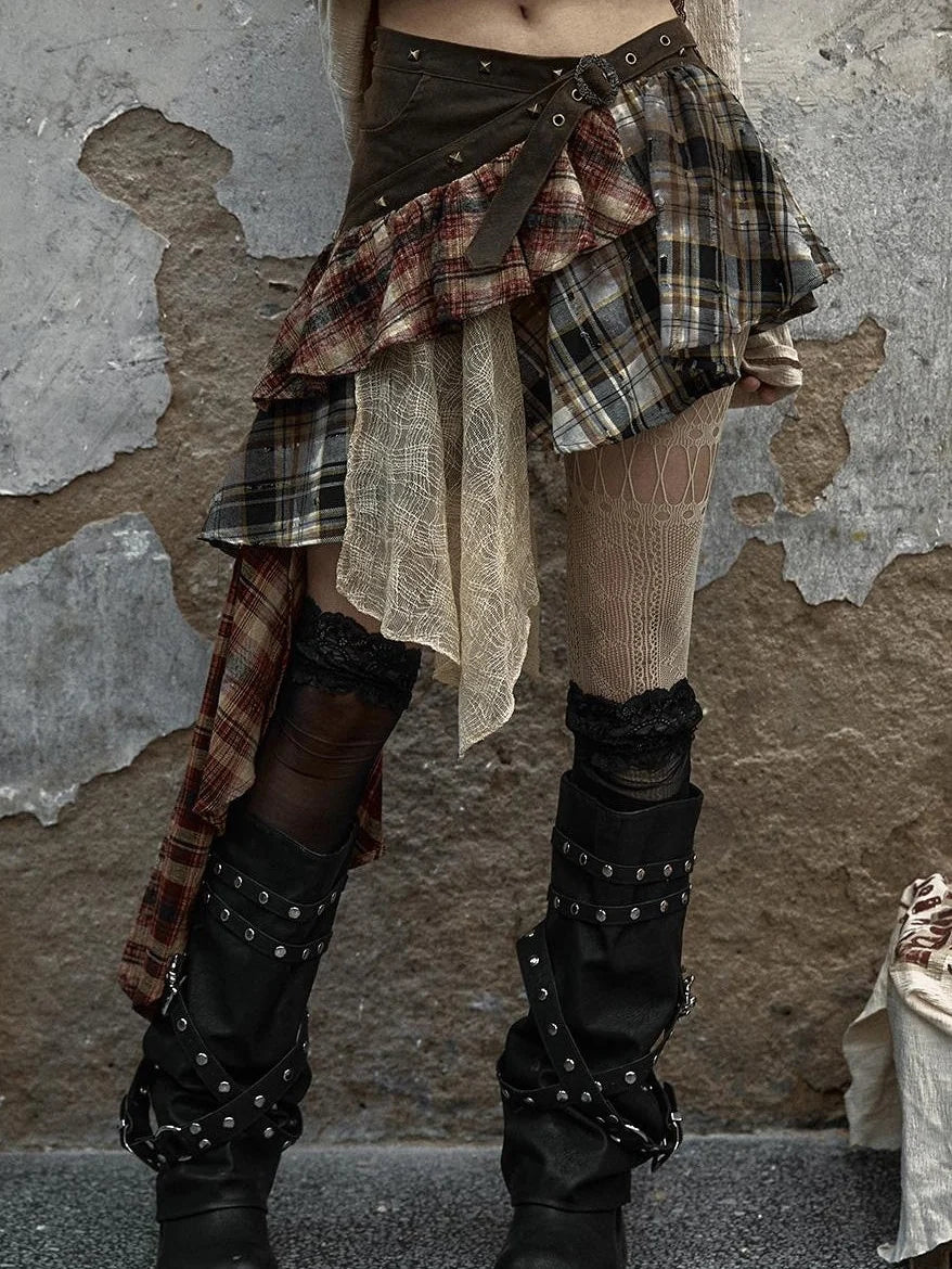 Vintage Punk Plaid Asymmetrical Skirt Women Street Style