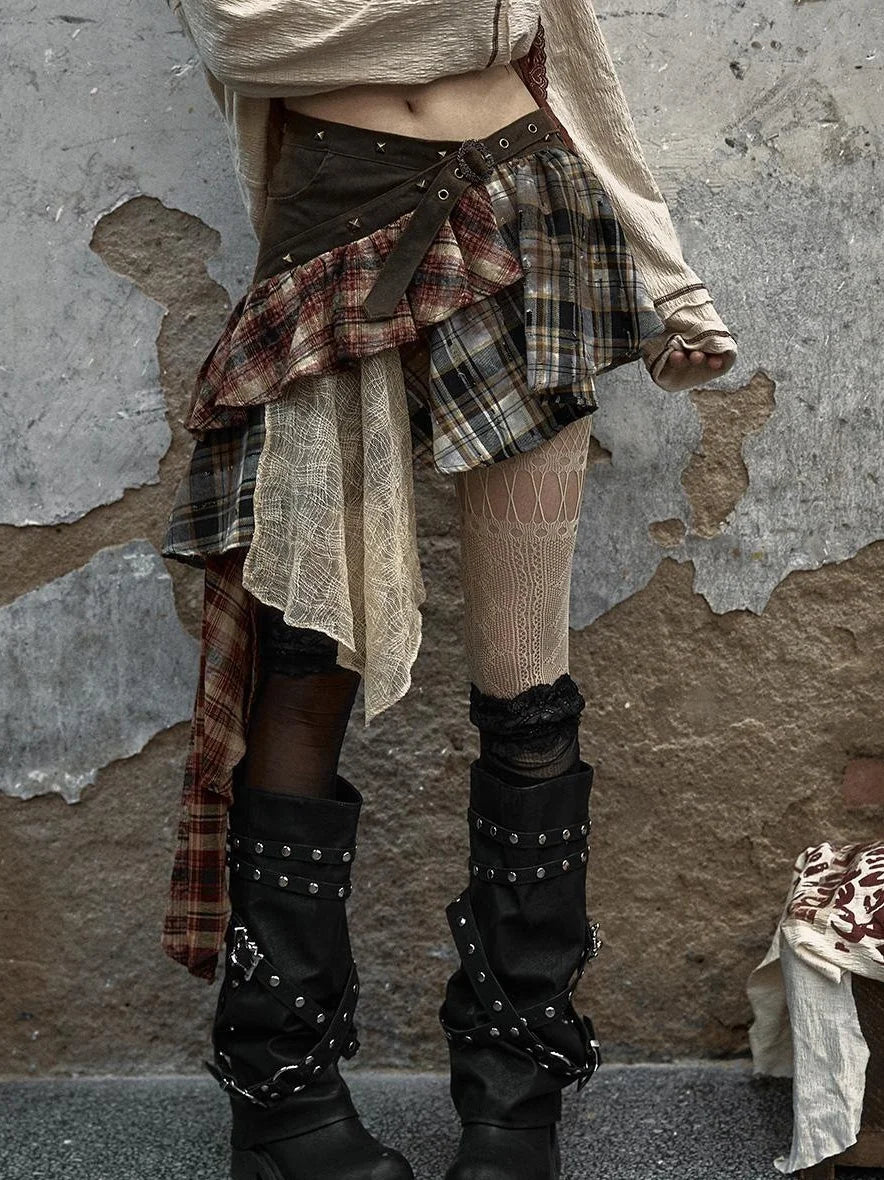 Vintage Punk Plaid Asymmetrical Skirt Women Street Style