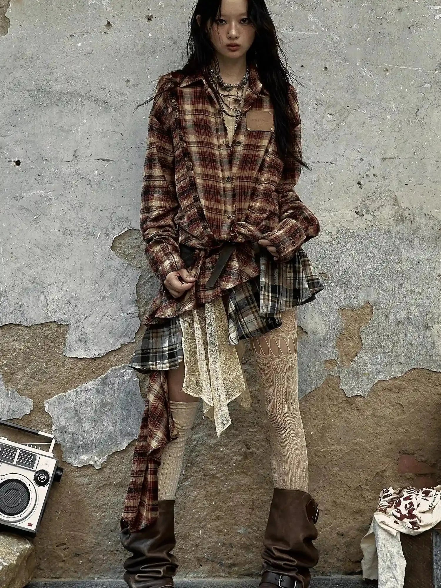 Vintage Punk Plaid Asymmetrical Skirt Women Street Style