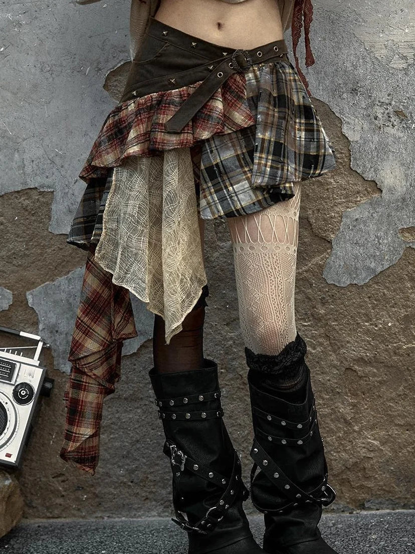 Vintage Punk Plaid Asymmetrical Skirt Women Street Style