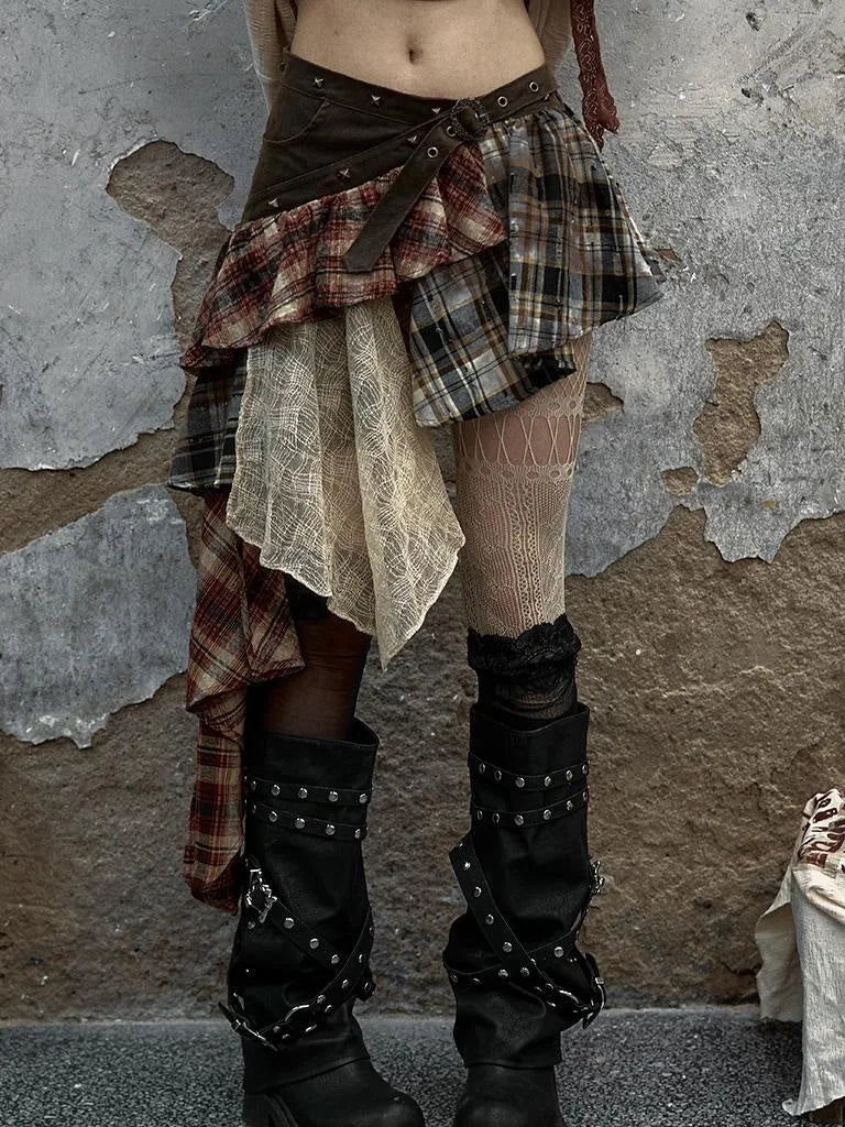 Vintage Punk Plaid Asymmetrical Skirt Women Street Style