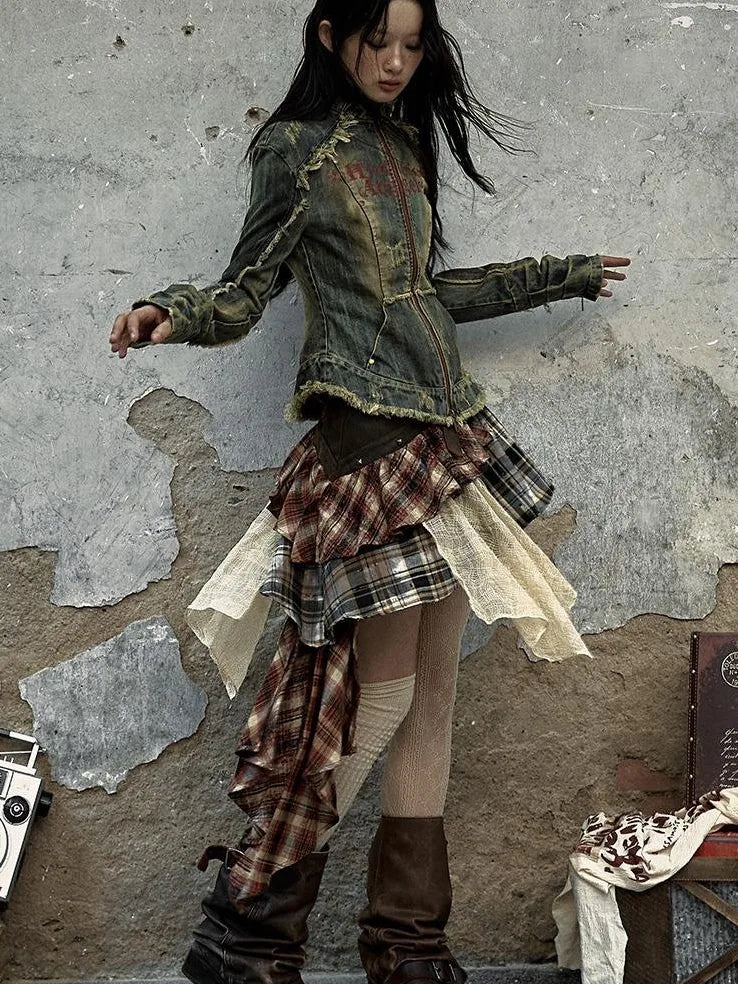 Vintage Punk Plaid Asymmetrical Skirt Women Street Style