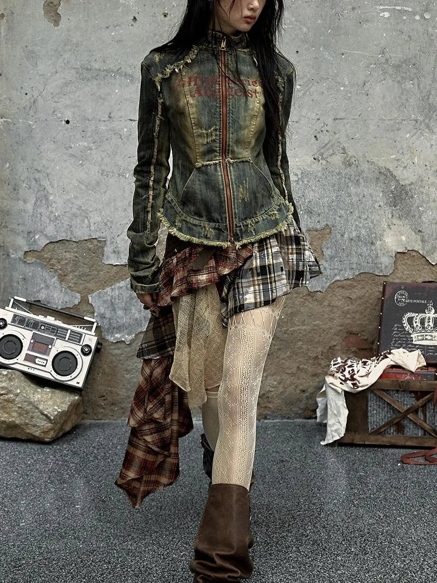 Vintage Punk Plaid Asymmetrical Skirt Women Street Style