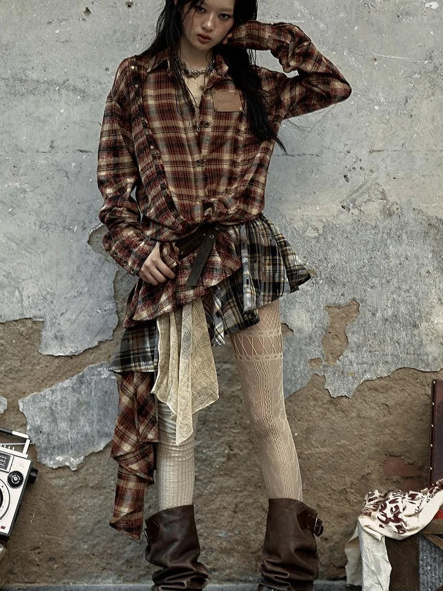 Vintage Punk Plaid Asymmetrical Skirt Women Street Style