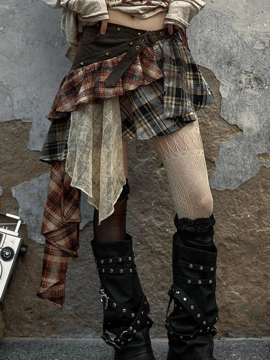Vintage Punk Plaid Asymmetrical Skirt Women Street Style