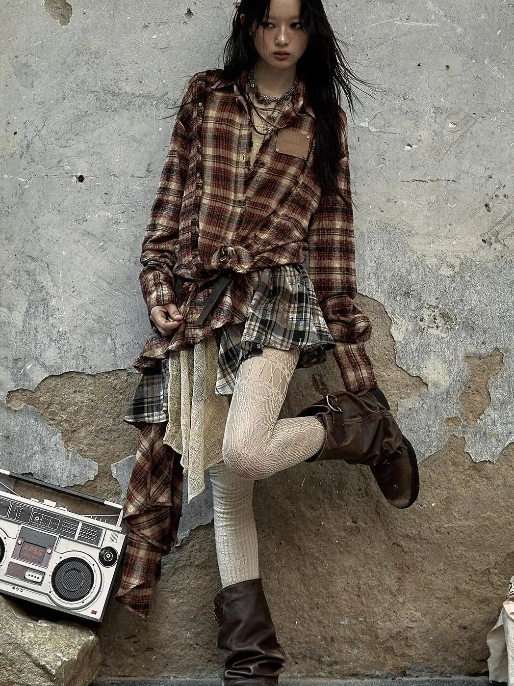 Vintage Punk Plaid Asymmetrical Skirt Women Street Style