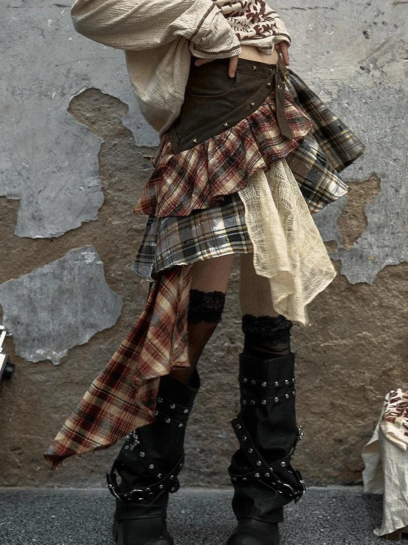 Vintage Punk Plaid Asymmetrical Skirt Women Street Style