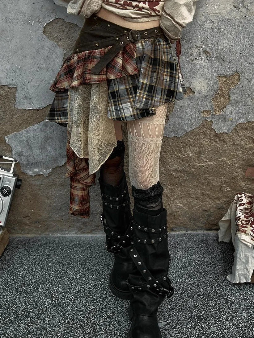 Vintage Punk Plaid Asymmetrical Skirt Women Street Style