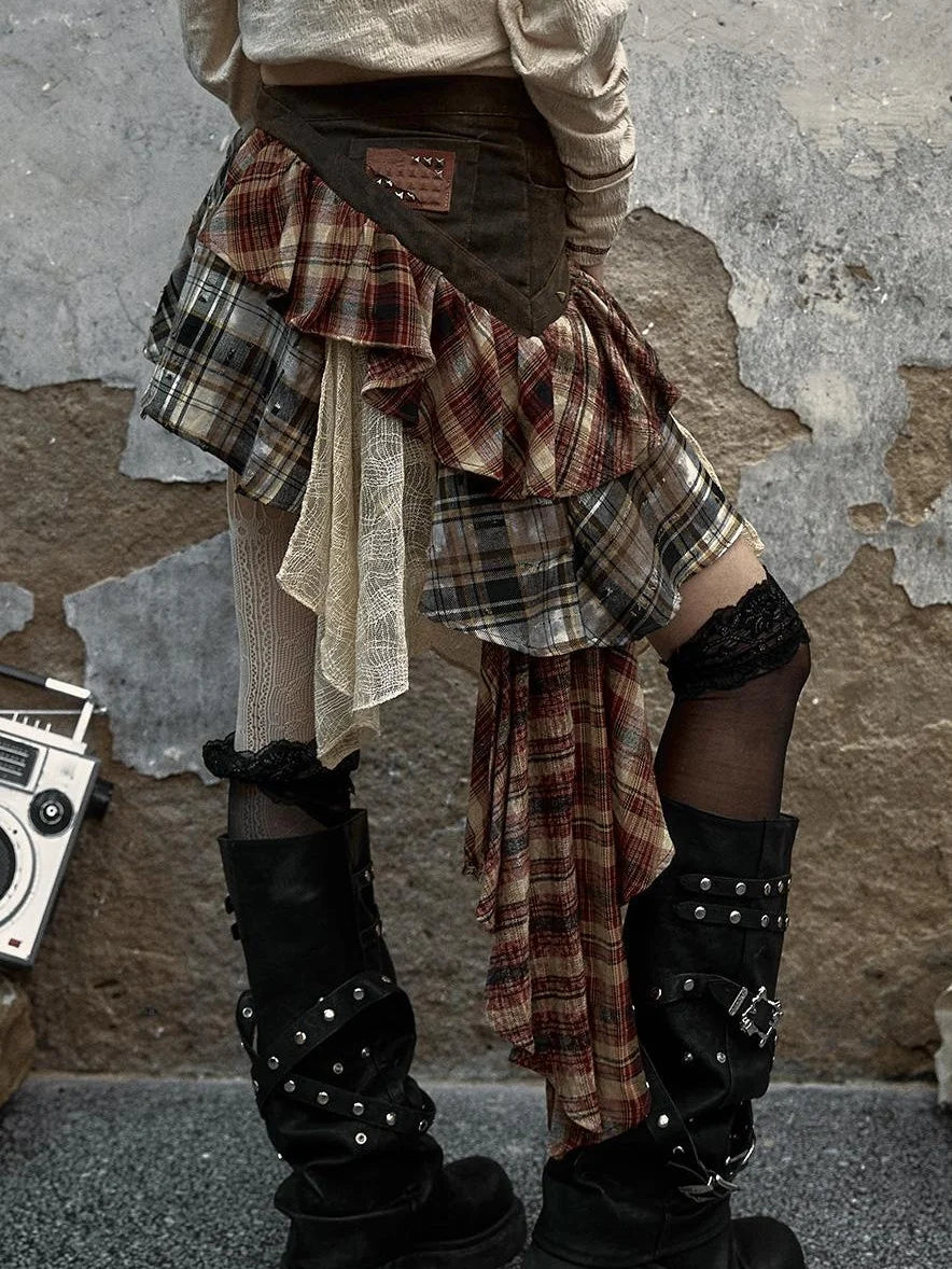 Vintage Punk Plaid Asymmetrical Skirt Women Street Style