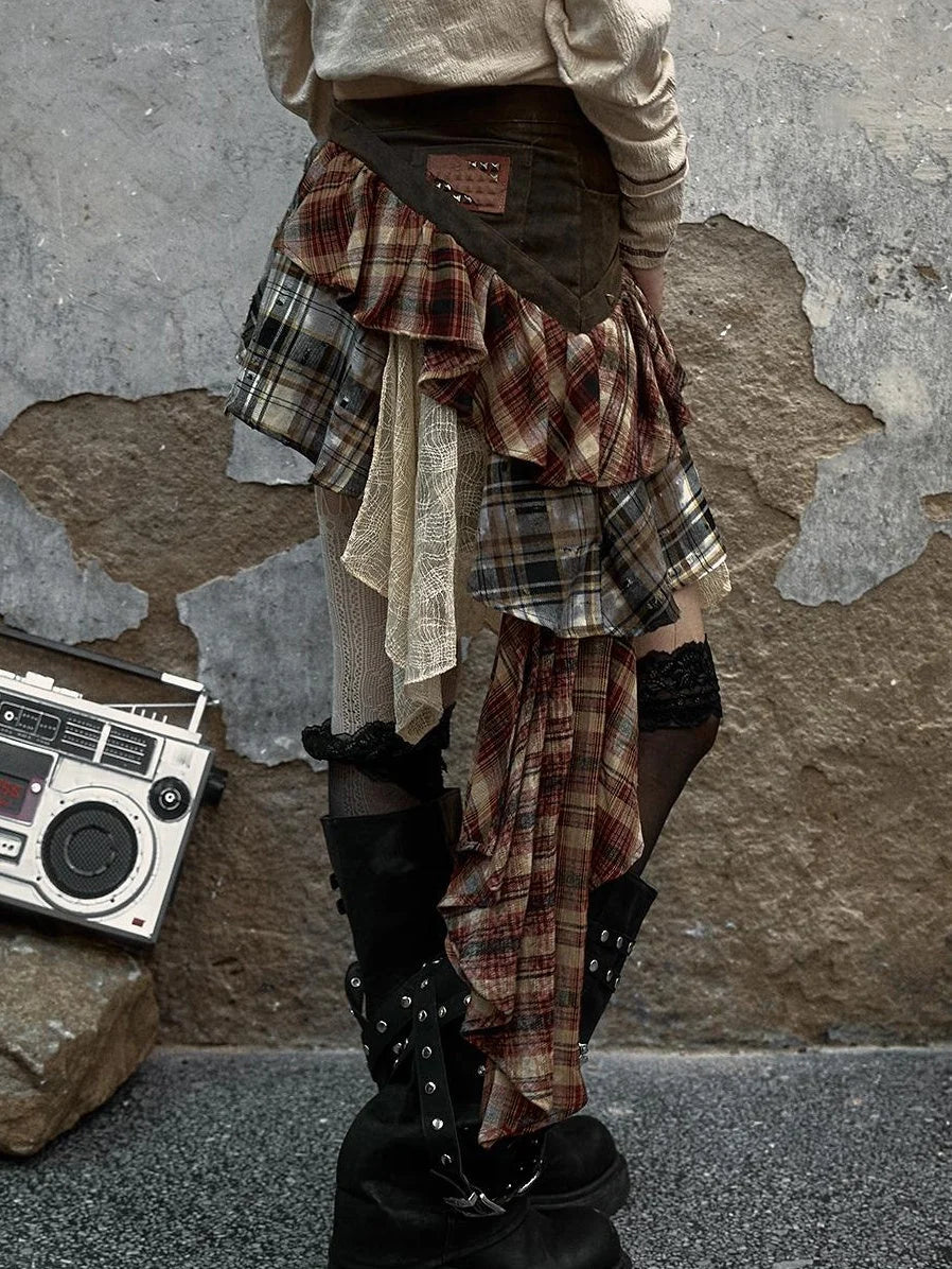 Vintage Punk Plaid Asymmetrical Skirt Women Street Style